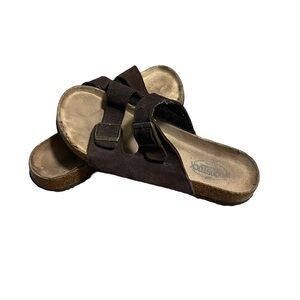 WOODSTOCK Shoes Men's Size 8M Brown Leather 2-strap Buckle Slides Sandals Cork